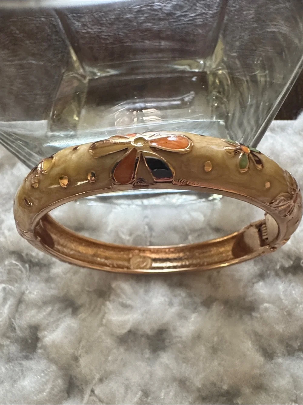 Gold Floral Accent Women's Hinged Bangle Bracelet - Picture 4 of 5